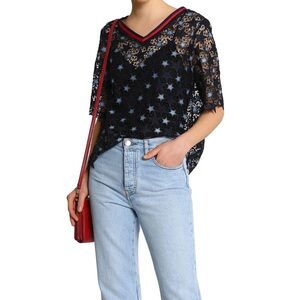 📌 SANDRO Guipure Lace Stars Blue Red Crochet Top